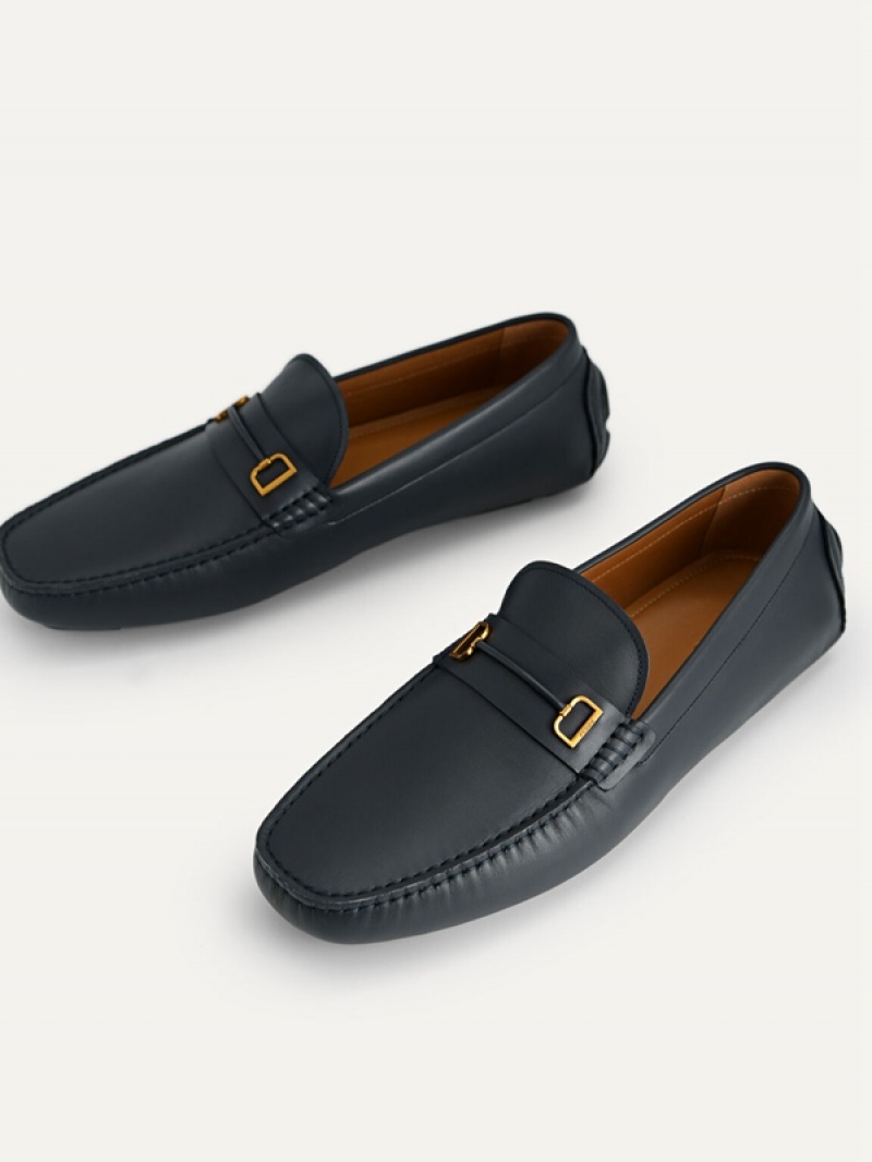 Navy Men's Pedro Leather with Metal Bit Moccasins | QBXDHZ-475