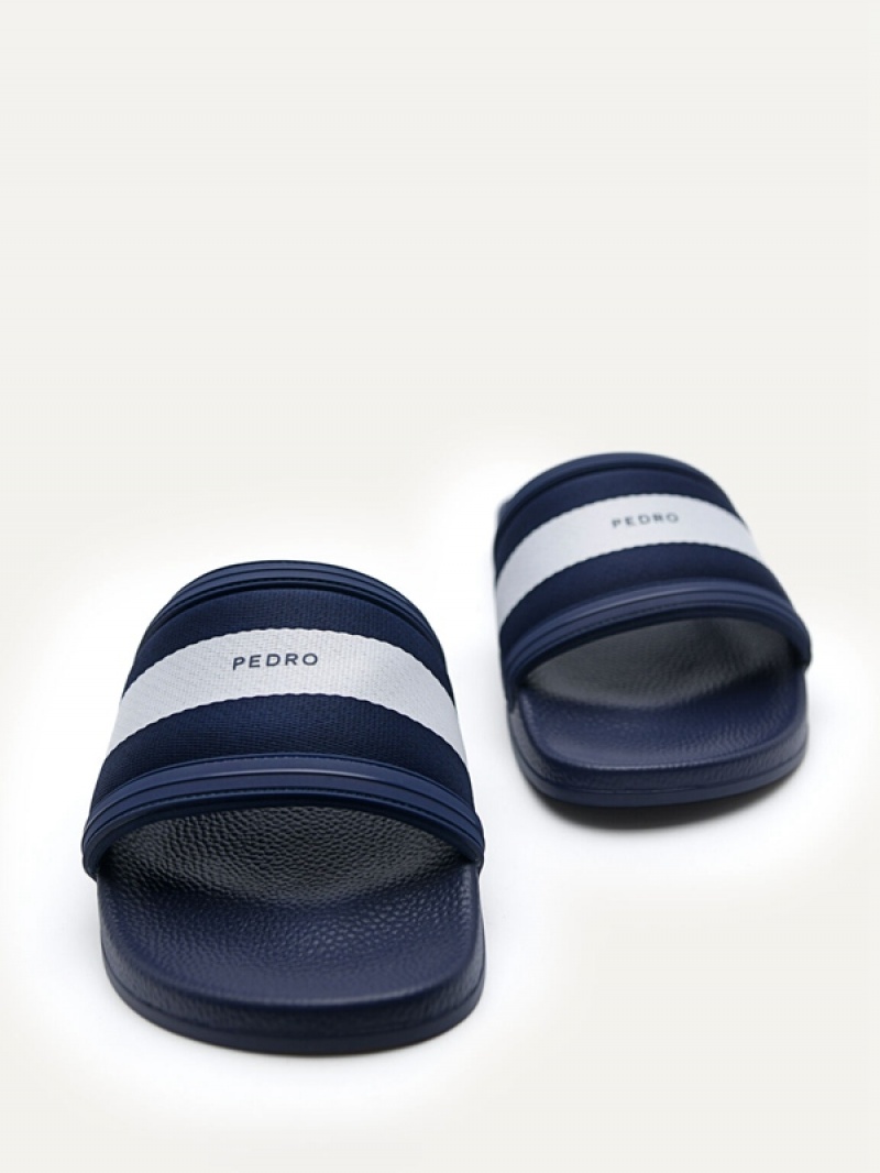 Navy Men's Pedro Nylon Fabric Banded Slides | XQHFOV-469