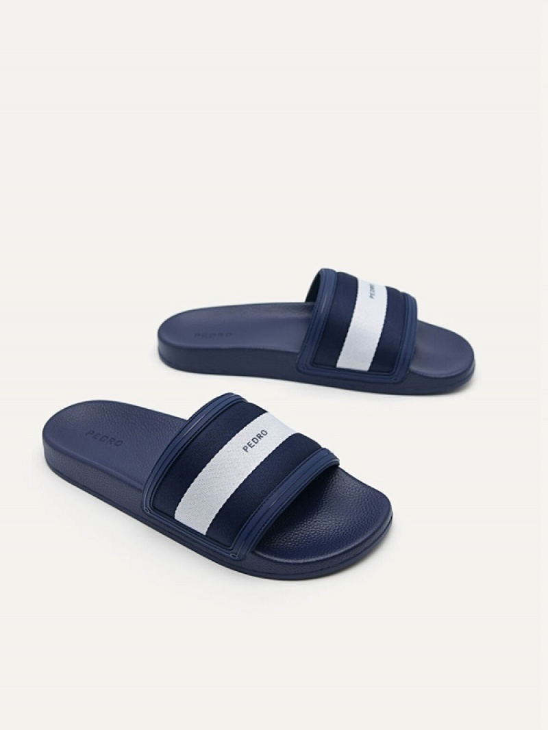 Navy Men's Pedro Nylon Fabric Banded Slides | XQHFOV-469