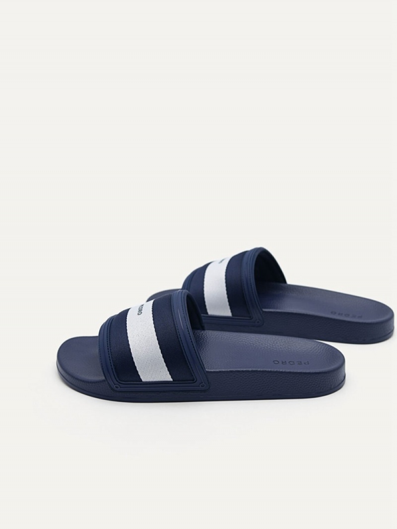 Navy Men's Pedro Nylon Fabric Banded Slides | XQHFOV-469