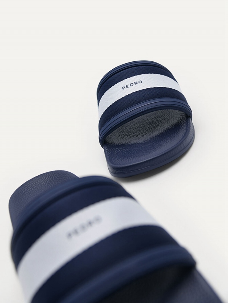 Navy Men's Pedro Nylon Fabric Banded Slides | XQHFOV-469