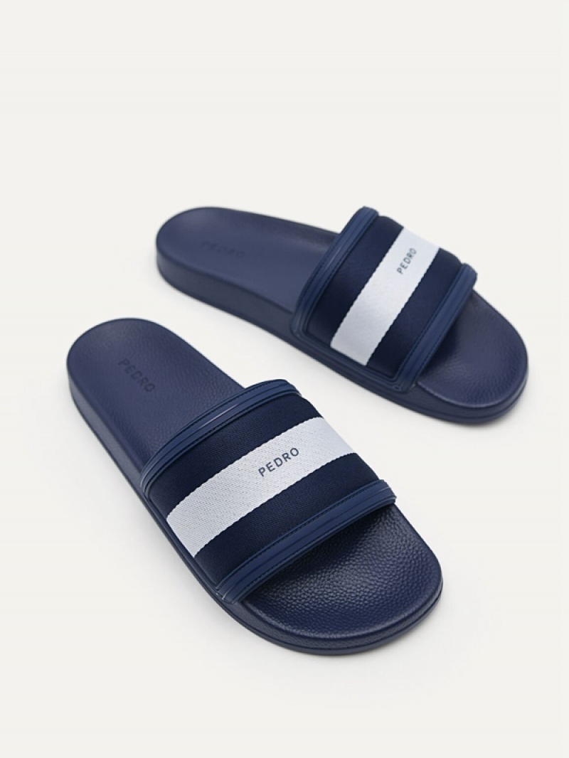 Navy Men's Pedro Nylon Fabric Banded Slides | XQHFOV-469