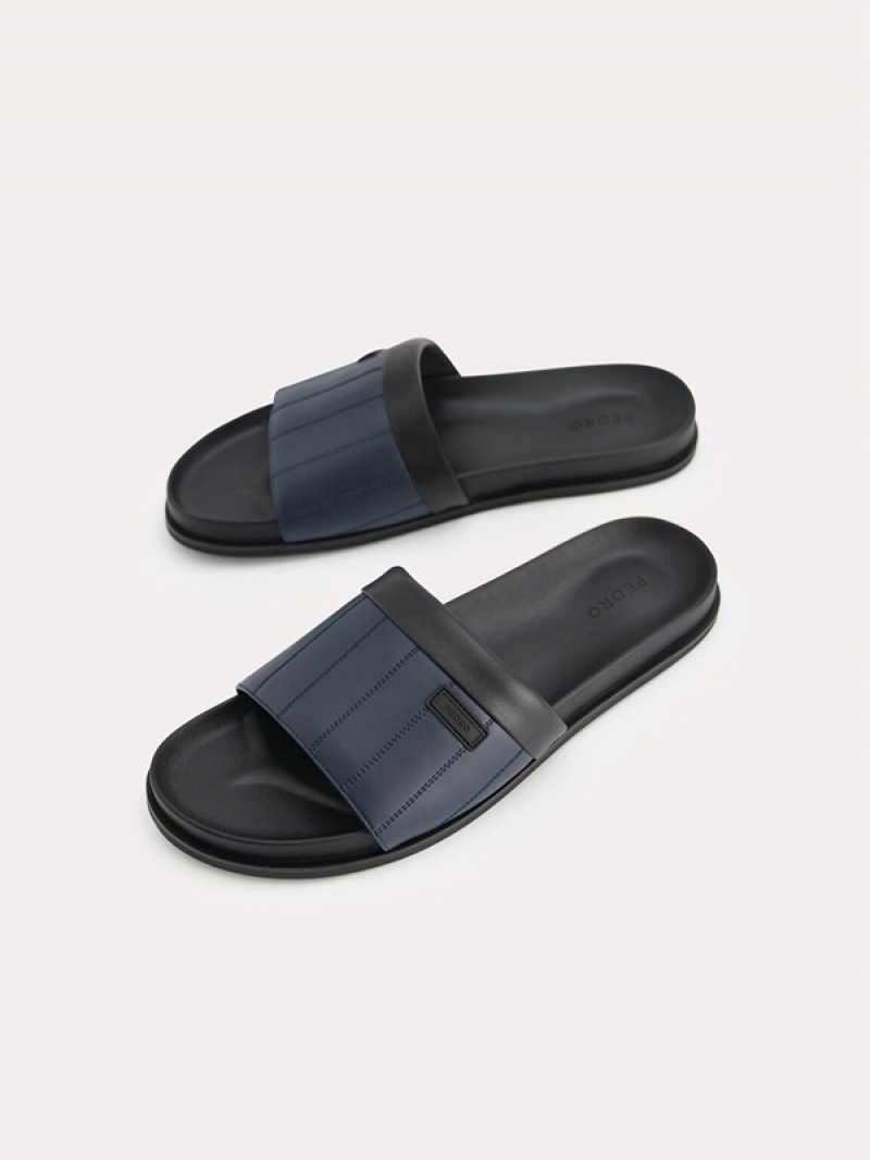 Navy Men's Pedro Padded Slides | LDEZAB-835