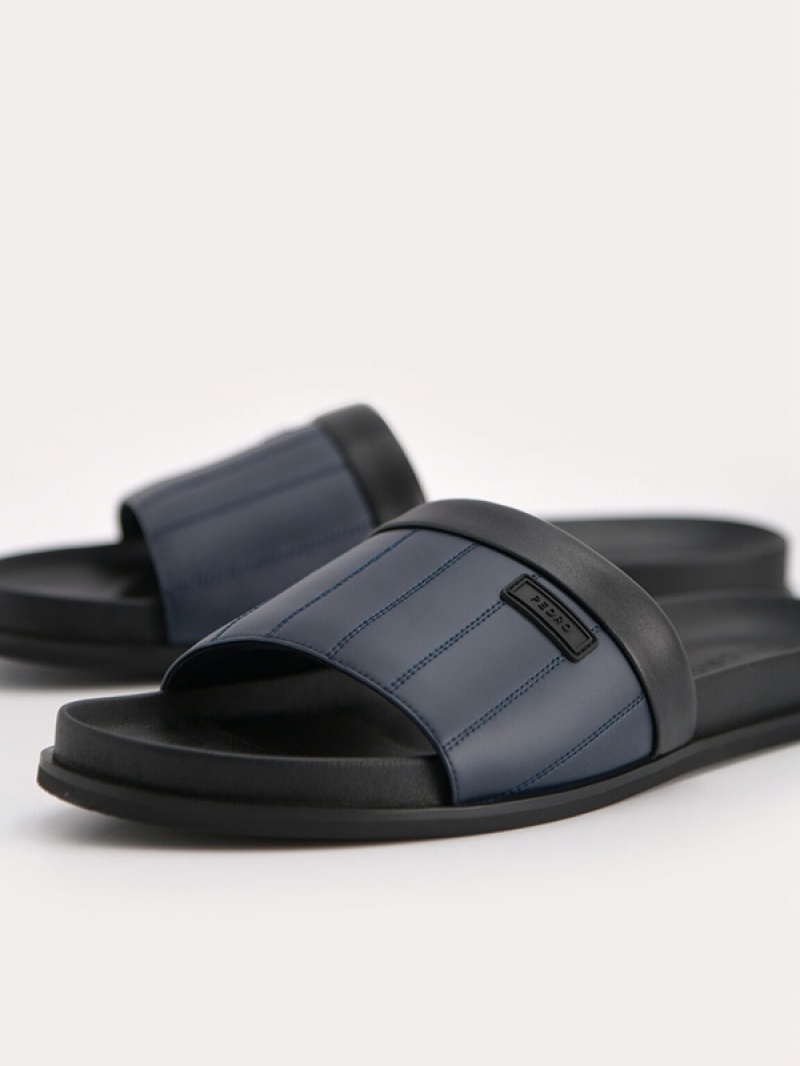 Navy Men's Pedro Padded Slides | LDEZAB-835