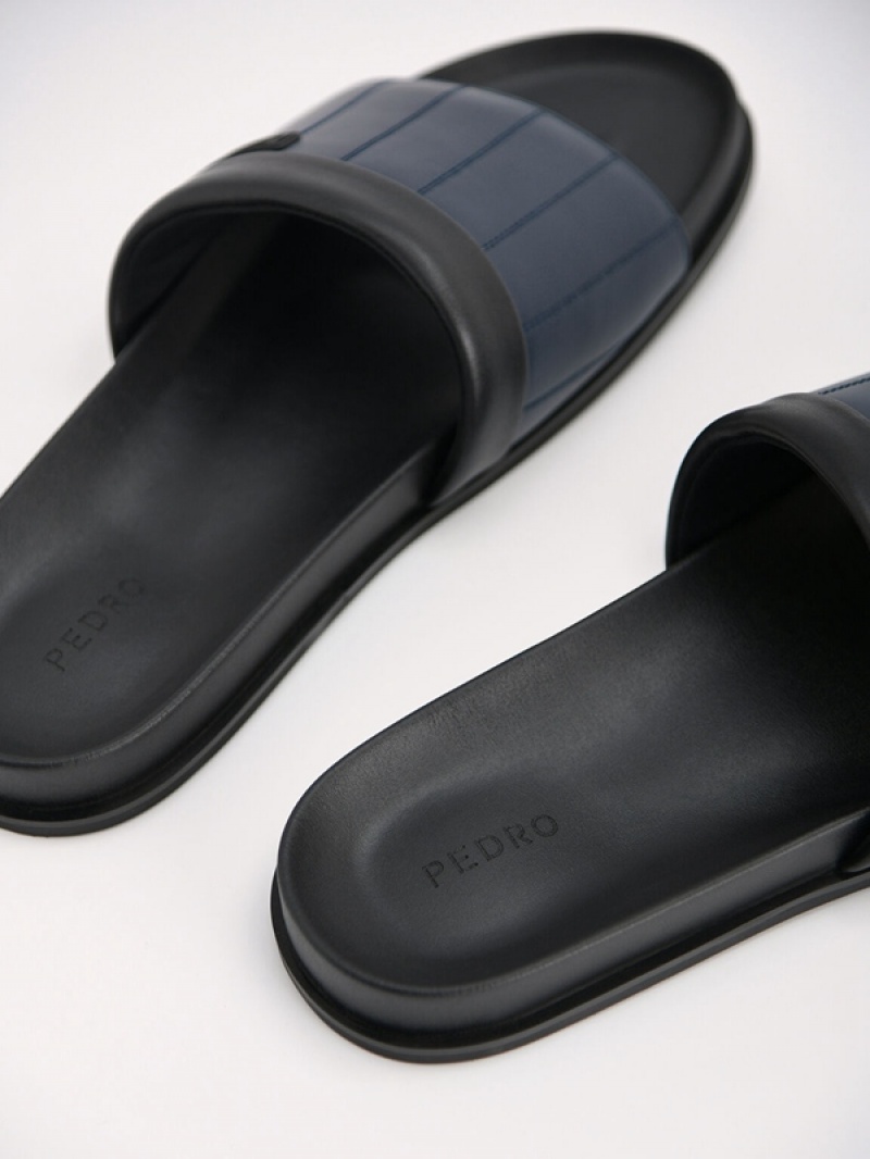 Navy Men's Pedro Padded Slides | LDEZAB-835