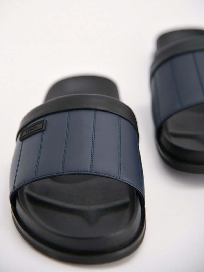 Navy Men's Pedro Padded Slides | LDEZAB-835