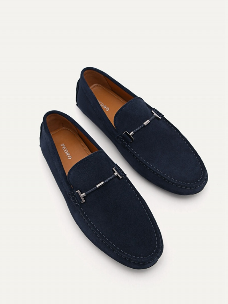 Navy Men's Pedro Robert Leather Moccasins | ZNOBCK-179