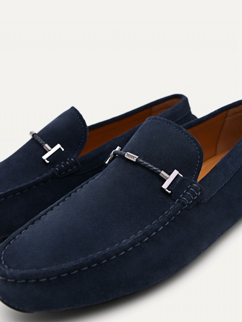 Navy Men's Pedro Robert Leather Moccasins | ZNOBCK-179