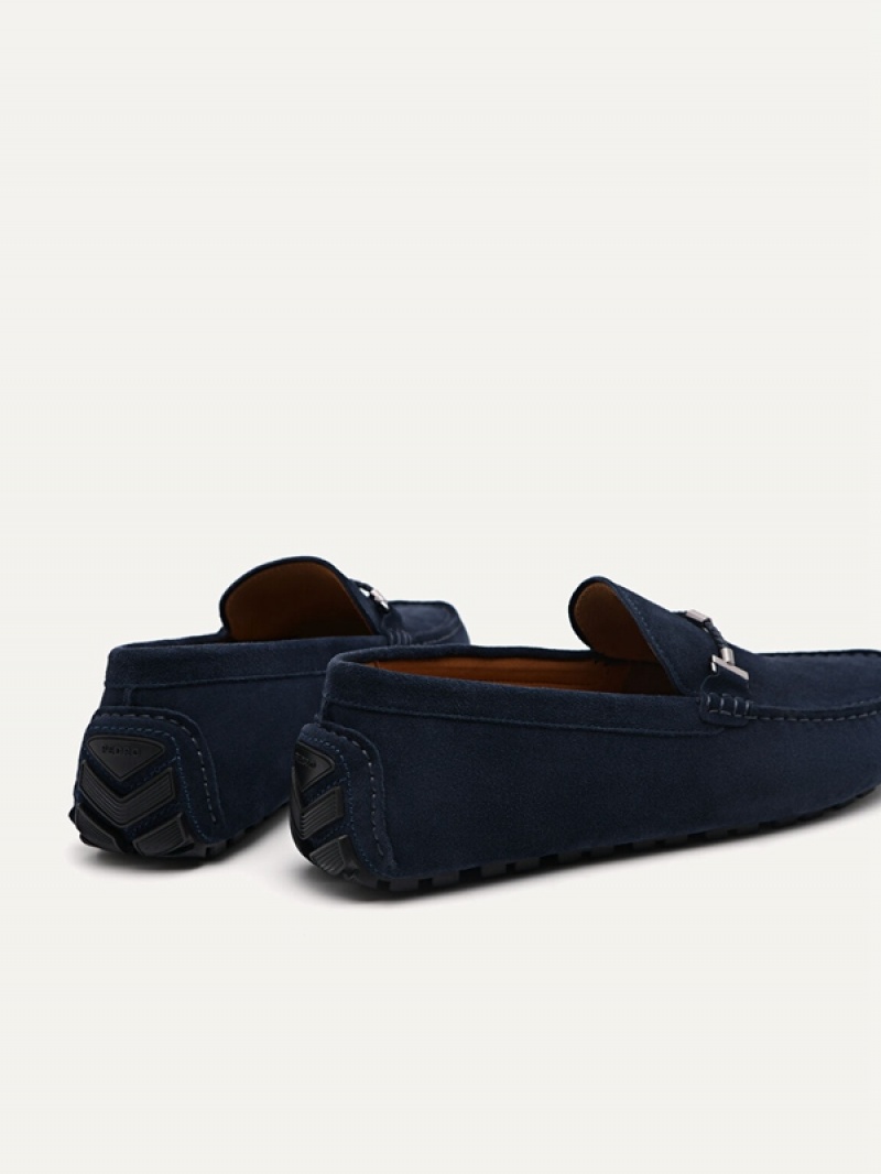 Navy Men's Pedro Robert Leather Moccasins | ZNOBCK-179