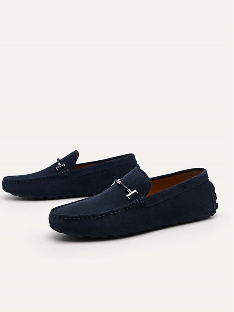 Navy Men's Pedro Robert Leather Moccasins | ZNOBCK-179