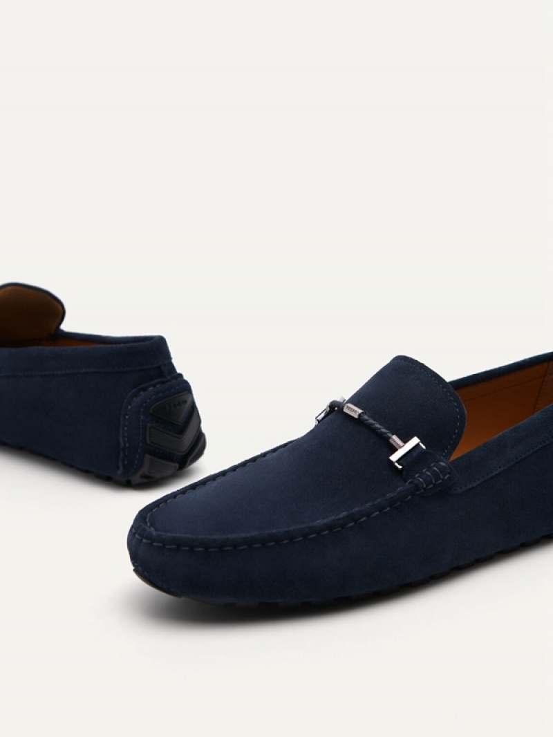 Navy Men's Pedro Robert Leather Moccasins | ZNOBCK-179