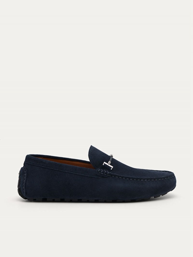 Navy Men\'s Pedro Robert Leather Moccasins | ZNOBCK-179