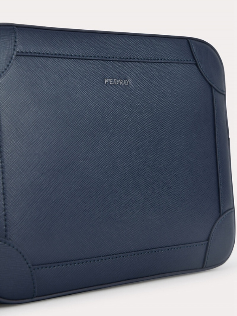 Navy Men's Pedro Textured Leather with Wristlet Clutch Bag | OKZFRG-673