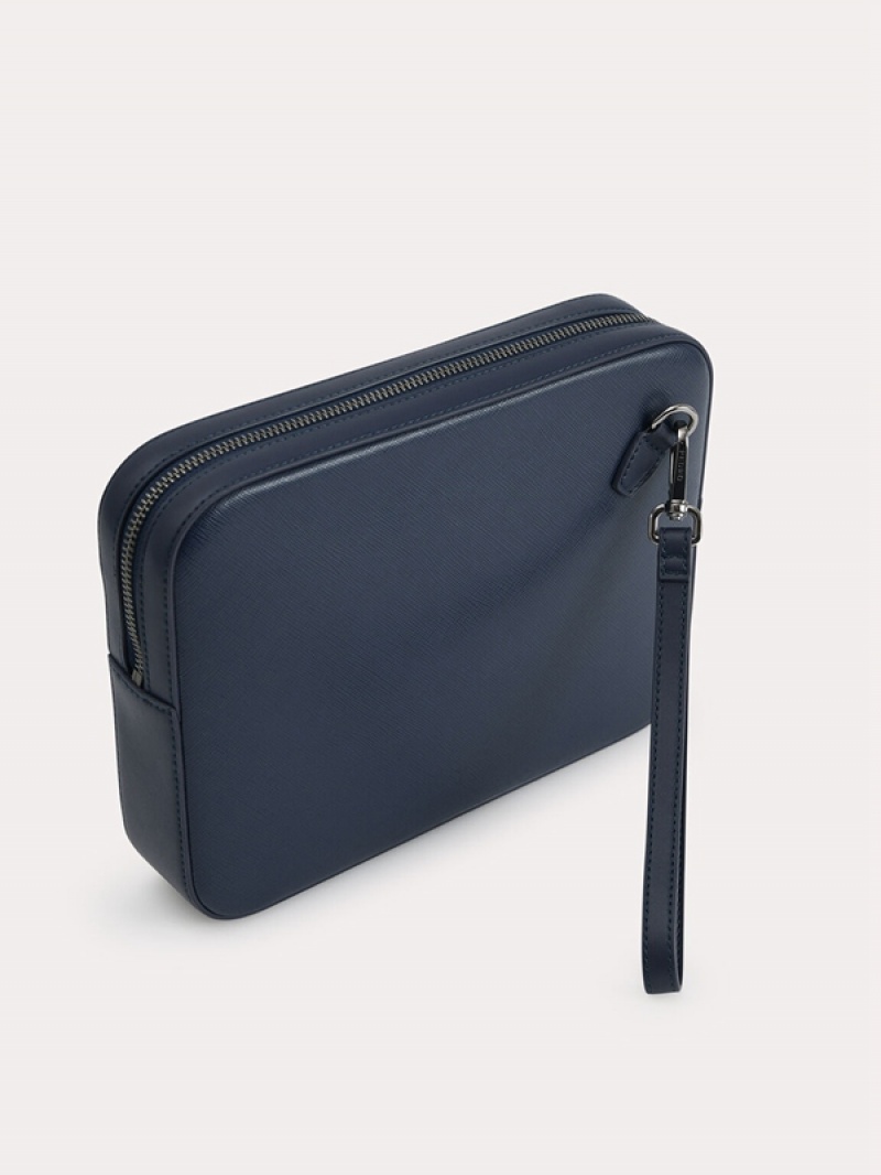 Navy Men's Pedro Textured Leather with Wristlet Clutch Bag | OKZFRG-673