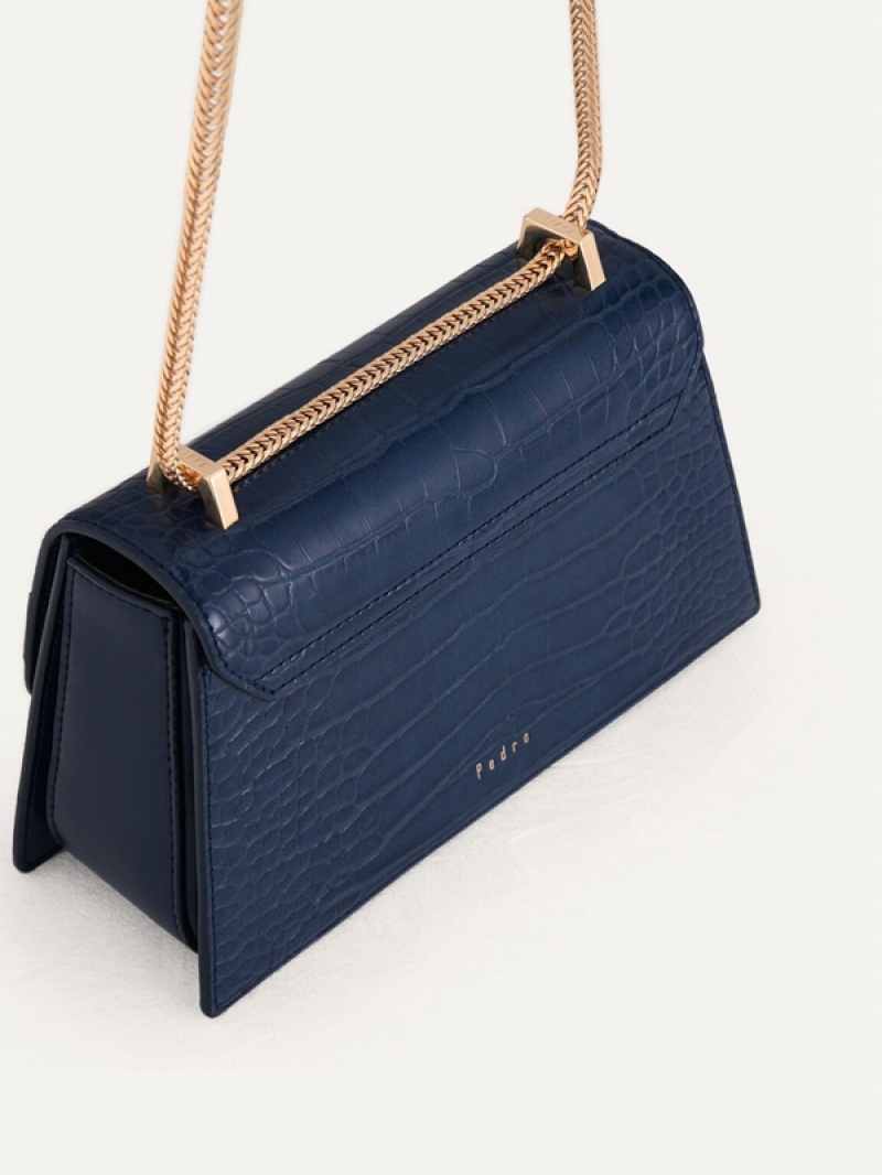 Navy Women's Pedro Buckled Croc-Effect Shoulder Bags | SPNWIR-210