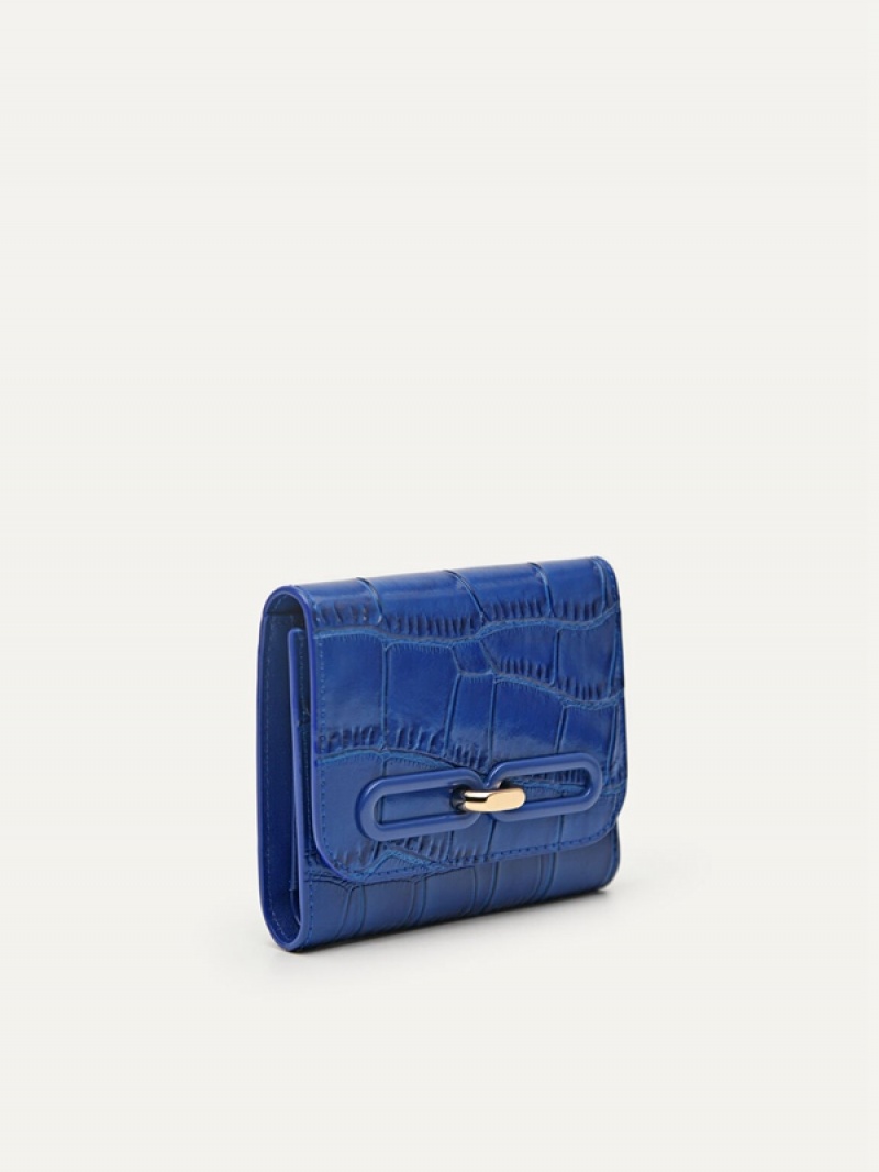 Navy Women's Pedro Studio Leather Trifold Wallet | NKZRCH-938