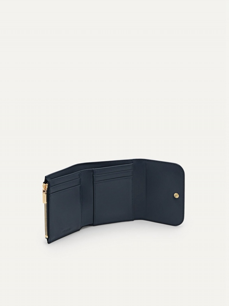 Navy Women's Pedro Studio Leather Trifold Wallet | WVCQGN-157