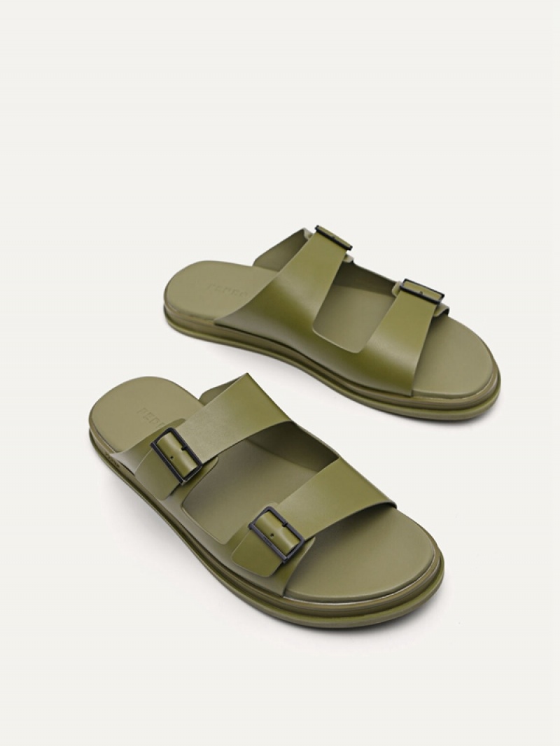 Olive Men's Pedro Monochrome Double Strap Slides | CXGIPV-927