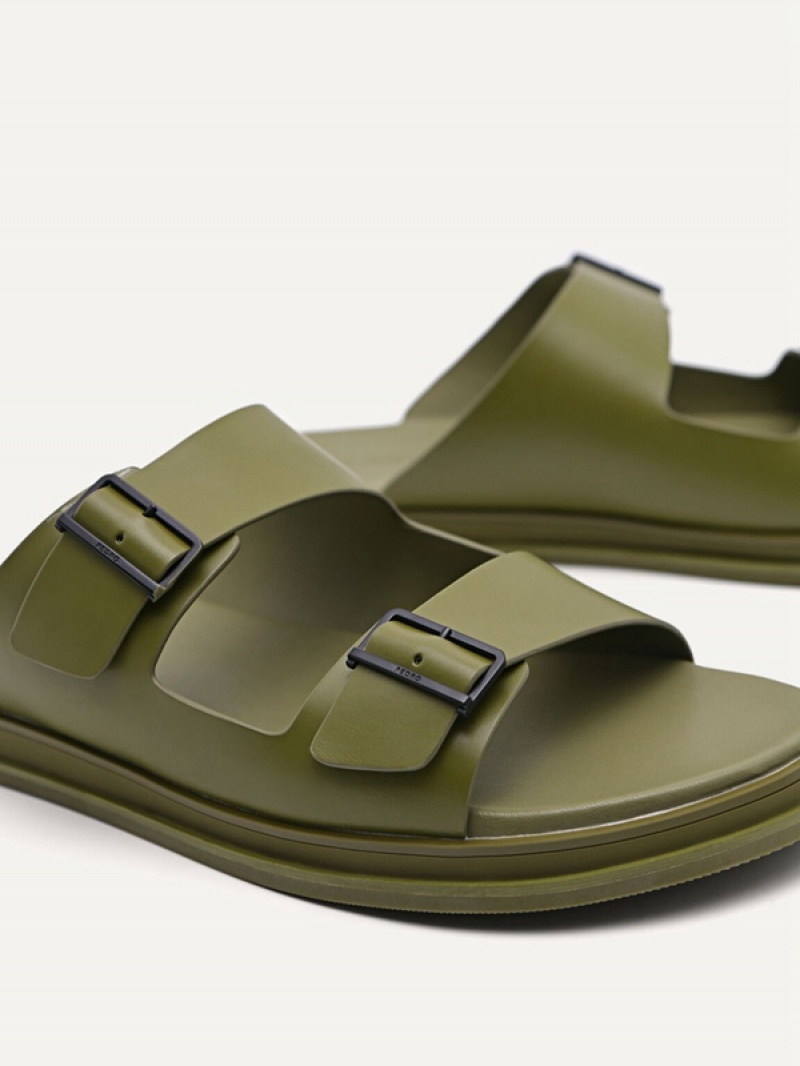 Olive Men's Pedro Monochrome Double Strap Slides | CXGIPV-927