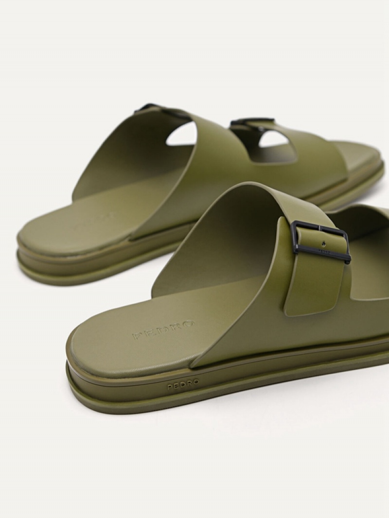 Olive Men's Pedro Monochrome Double Strap Slides | CXGIPV-927