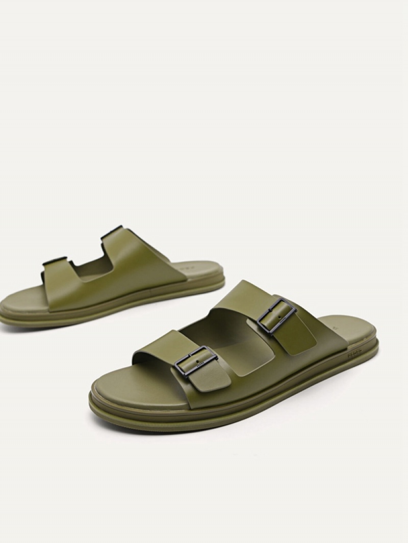 Olive Men's Pedro Monochrome Double Strap Slides | CXGIPV-927