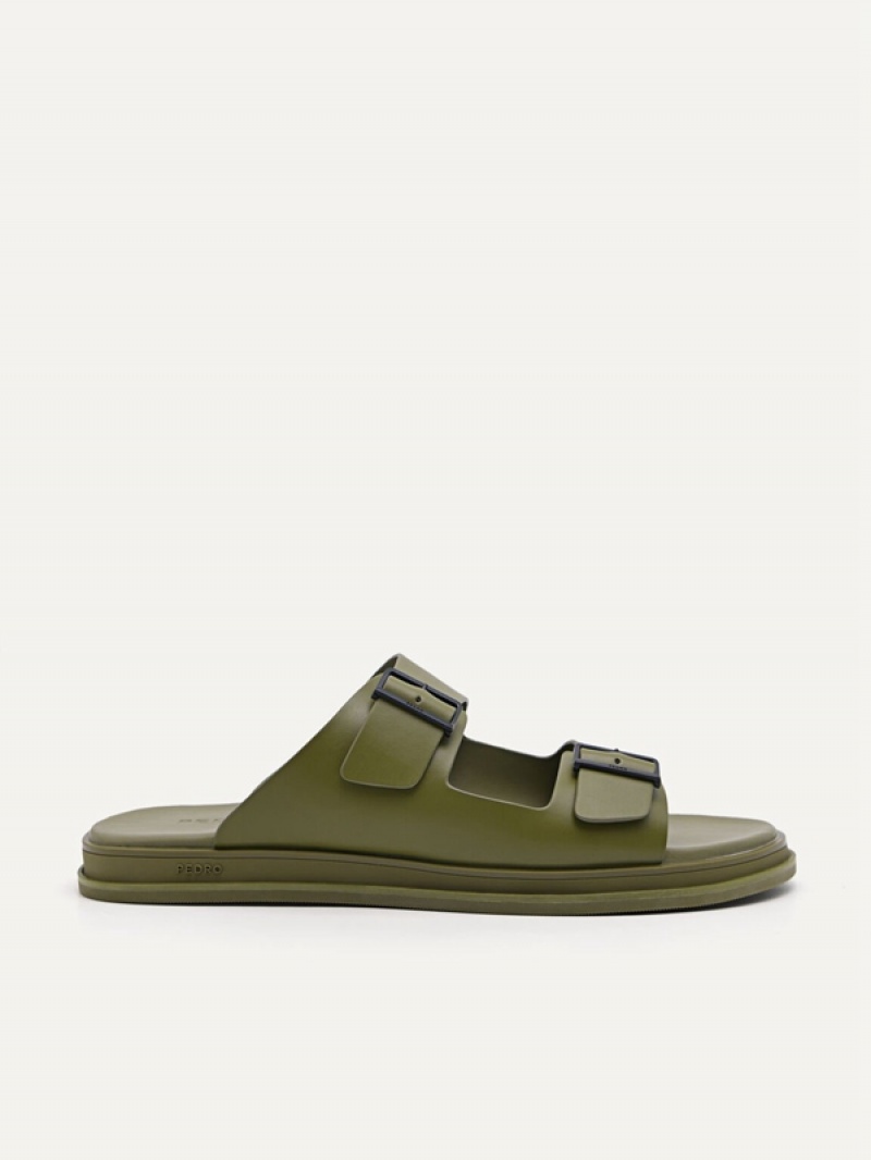 Olive Men\'s Pedro Monochrome Double Strap Slides | CXGIPV-927