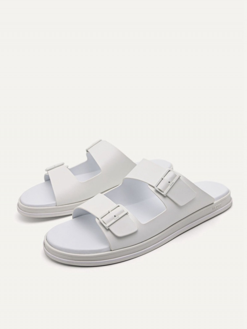 White Men's Pedro Monochrome Double Strap Slides | CRLPOV-902