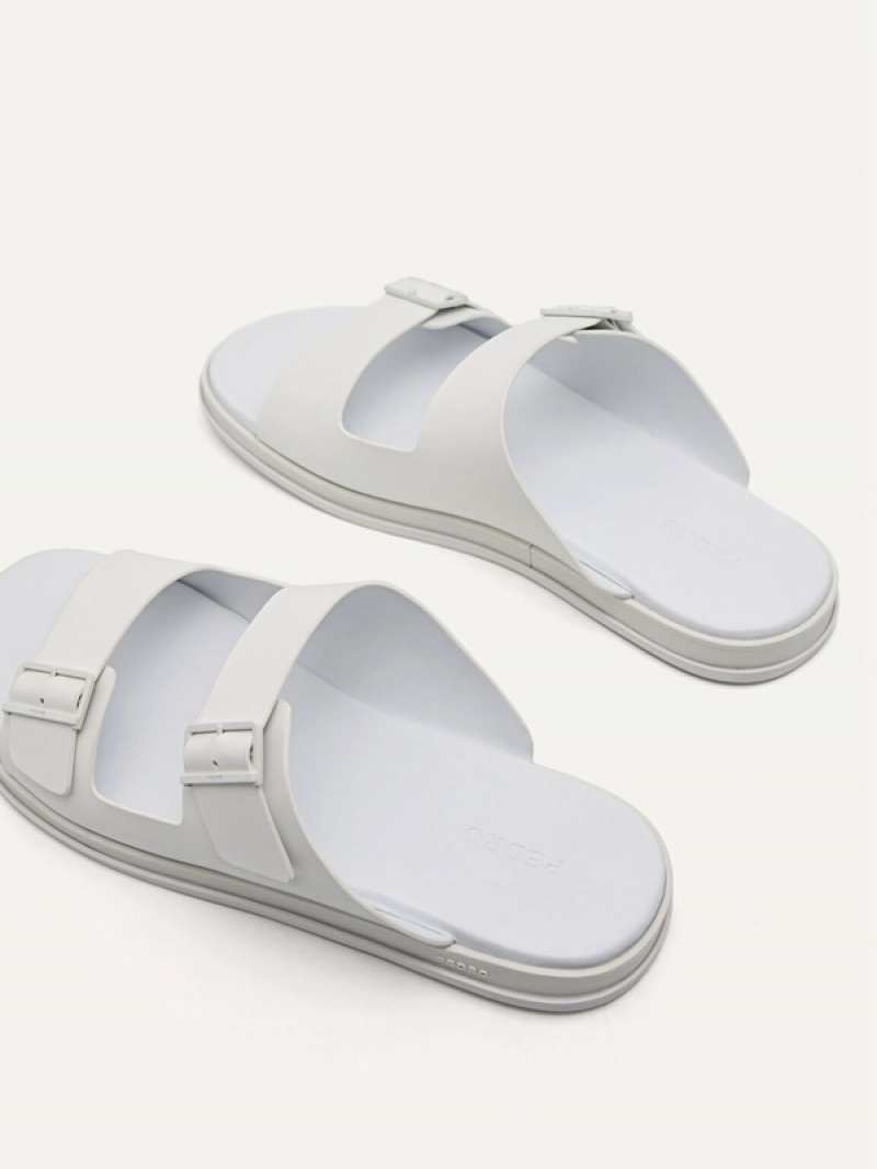 White Men's Pedro Monochrome Double Strap Slides | CRLPOV-902