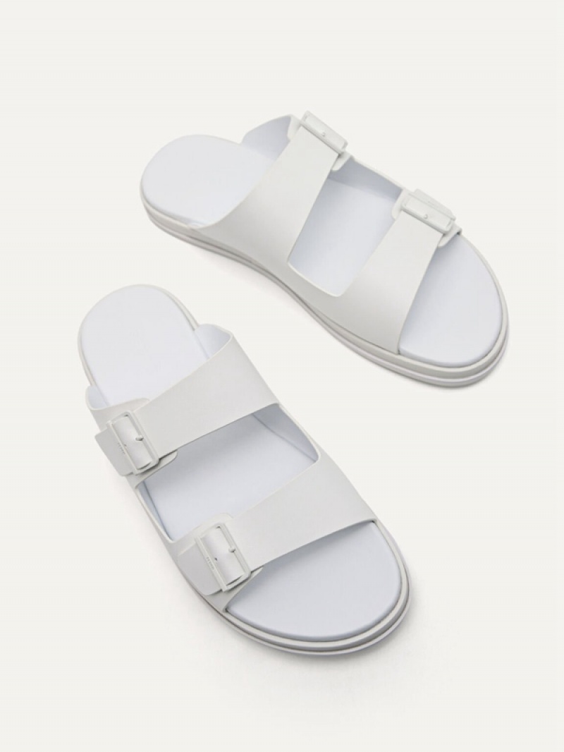 White Men's Pedro Monochrome Double Strap Slides | CRLPOV-902