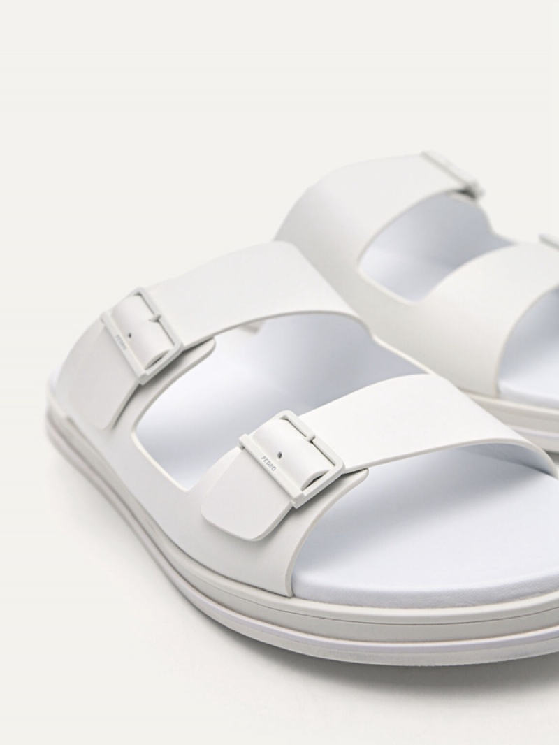 White Men's Pedro Monochrome Double Strap Slides | CRLPOV-902