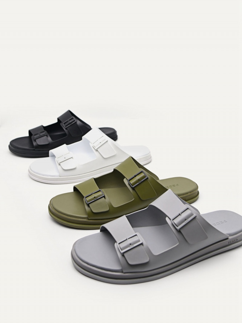 White Men's Pedro Monochrome Double Strap Slides | CRLPOV-902