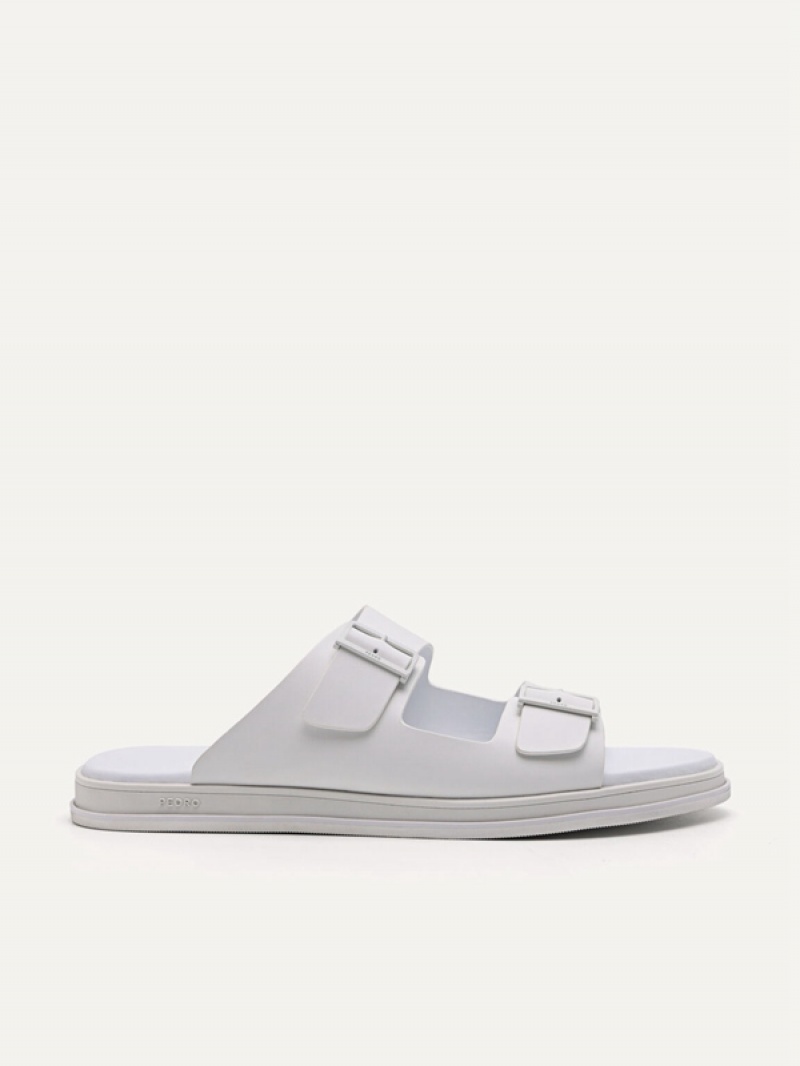 White Men\'s Pedro Monochrome Double Strap Slides | CRLPOV-902